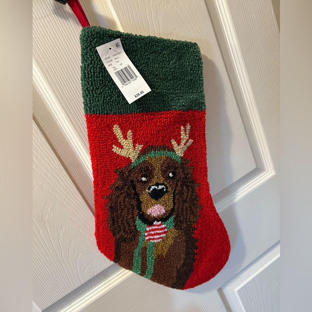 Dillards Red & Green Brown Dog w/Antlers & Scarf Hook Rug Christmas Stocking NWT